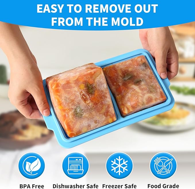 EuChoiz 2 Pack Silicone Freezer Tray Cubes 2 Cup with Date Mark Lids for Freezing Food Leftovers Sauces Portion and Lasagna Broth, Soup Freezer Molds for Meal Prepping Thick Enough