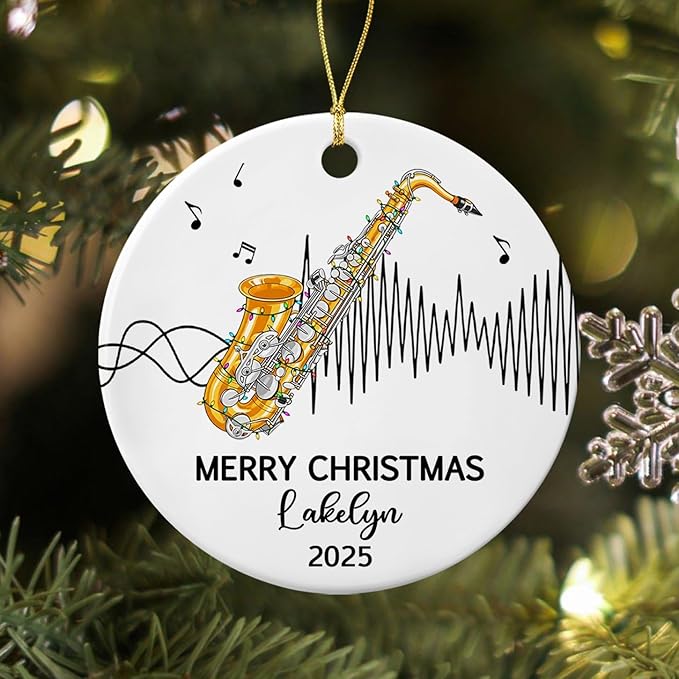 Personalized Saxophone Player Ceramic Christmas Ornament 2026, Customized Text Year Name Saxophonist Hanging Xmas Ornaments Gift, Unique Saxophone Instrument Ceramic Ornament for Women Men DDA Mom