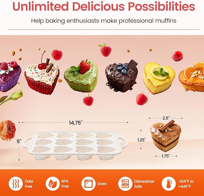 Fimary Premium Silicone Heart-Shaped Baking Mold with Metal Reinforced Frame – 1 Pack Non-Stick Cupcake & Muffin Pan for Baking Chocolate, Egg Bites & Brownies – BPA Free, Dishwasher & Oven Safe