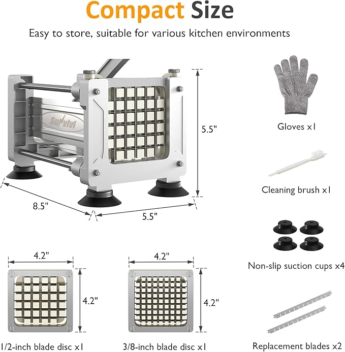 Sunvivi French Fry Cutter Stainless Steel Potato Slicer: with 2 Replaceable blades (1/2 & 3/8 Inch), Professional Fries Cutter for Potatoes, Carrots, Cucumber, Onion, Yam