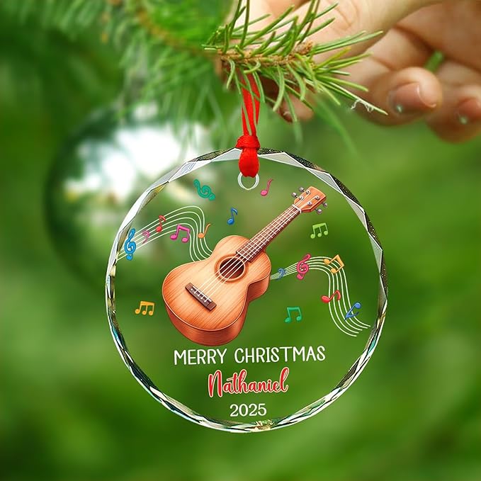 Ukulele Musical Instrument Glass Ornament Xmas 2026, Personalized Instrument Christmas Ornament Gift for Ukulele Player, Ukulelist Keepsake Christmas Tree, Custom Text & Name Musician Glass Ornaments