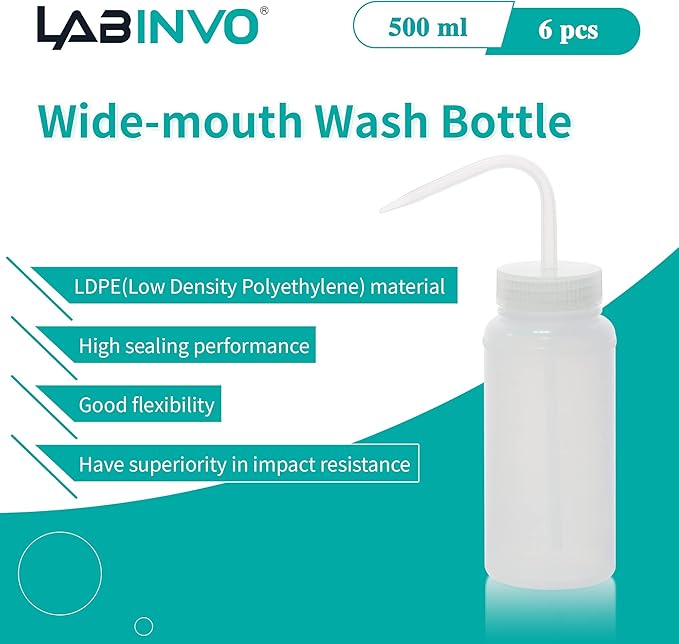 LABINVO 6pcs of Economy Wash Bottles, Vol.500ml (17oz), Wide-Mouth, Self-Venting Safety Wash Bottles, LDPE Material, IN-WBW500