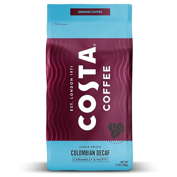 Costa Coffee Ground Decaf Medium Roast Coffee, 12 Oz Bag Caramel & Nutty.