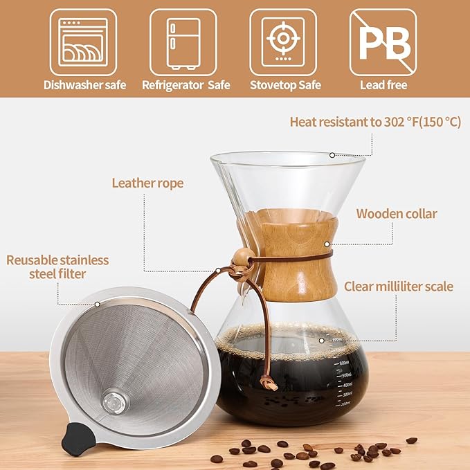 Yopinmall Pour Over Coffee Maker 34 OZ, 10 Cup Borosilicate Glass Drip Coffee Maker with Reusable Stainless Steel Filter and Cork Grip for Home Café 1000 ML