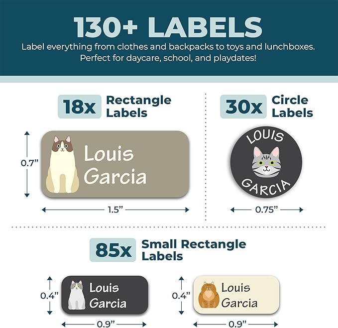 Bunny Badges Personalized Daycare Name Labels for Kids (130 Labels) - Custom Waterproof Name Stickers for Clothing Tags, Water Bottles, Lunch Boxes and School Supplies (Cats)