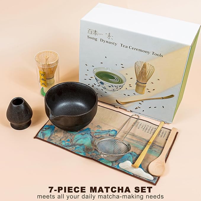 Matcha 7-Piece Set, Japanese Matcha Ceremony Kit with Chawan Bowl, Bamboo Whisk and Strainer, Great Gifts for Mom, Grandma, Wife, Women, Birthday, Mother’s Day, Graduation, Home Decor(Black)