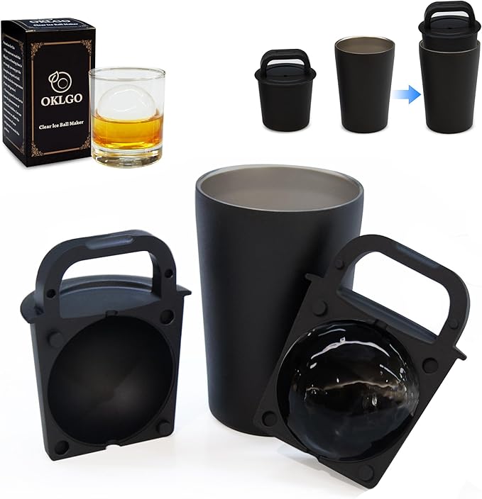 Clear Ice Cube Maker Tray – 2.5 Inch Large Round Ice Ball Mold, Stainless Steel & Silicone, Slow Melting Transparent Ice for Whiskey, Cocktails, and Home Bar Use (Black-1 Pack)