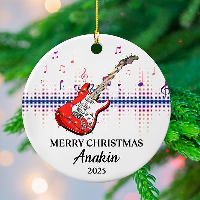 Customized Year Text Name Guitar Bass Player Ornament Gift for Daughter Son Husband Wife Dad Mom, Personalized Guitar Bass Instrument Christmas Ornament 2026, Guitarist Appreciation Ceramic Ornaments