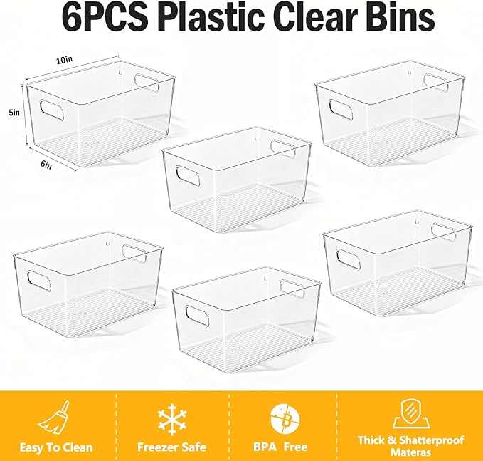 Clear Fridge Organizer Bins with Handles, 6 Pack Medium 10×6×5 Inch