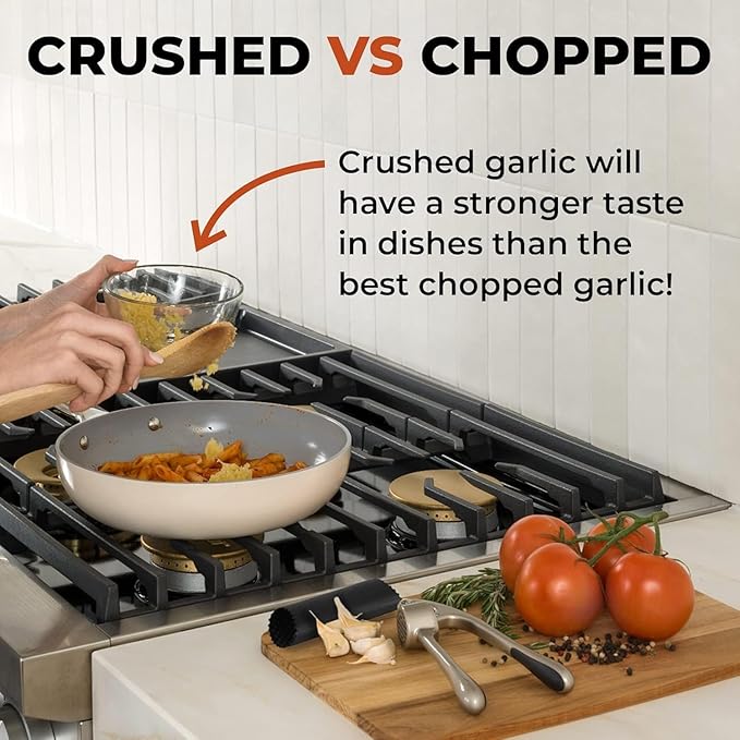 Zulay Kitchen Premium Garlic Press Set - Rust Proof Professional Garlic Mincer Tool - Easy-Squeeze, Easy-Clean with Soft, Ergonomic Handle - Silicone Garlic Peeler & Brush (Silver)