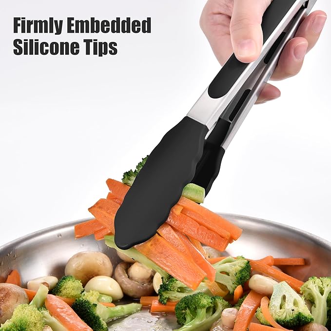 Doosu Kitchen Tongs with Silicone Tips for Cooking Serving (3Pcs, Black)