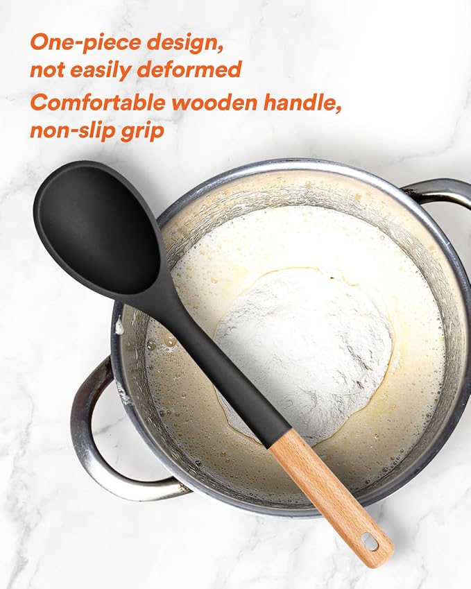 Badiano Large Silicone Cooking Spoons, Nonstick Solid Wooden Handle,13.2in