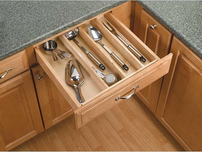 Rev-A-Shelf Custom Trim-to-Fit Silverware Drawer Organizer For Kitchen Utensils, Cutlery Cabinet Storage Divider Insert, 18.5" x 22", Maple Wood, 4WUT-1