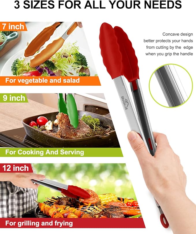 Bnlcd Good Grip Cooking Tongs with Silicone Tips, Set of 3-7" 9" and 12"