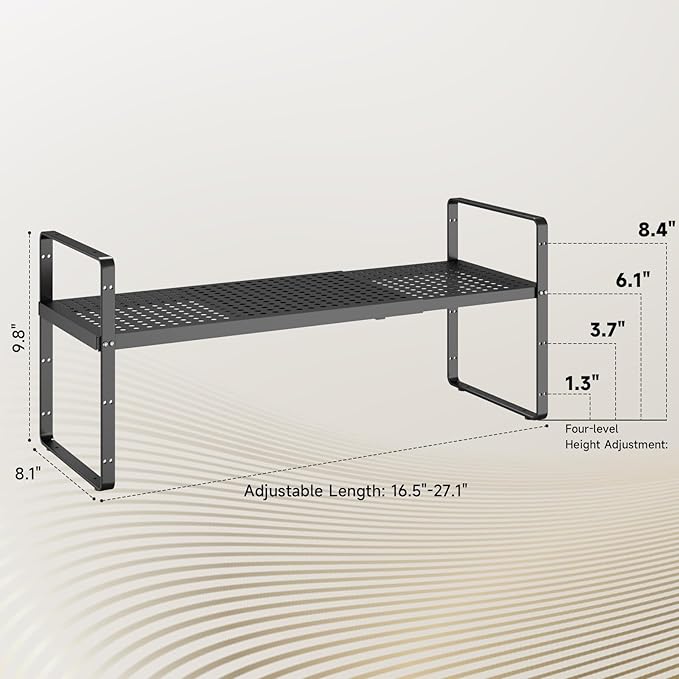 taiheis 16.5~27.1" Expandable Shelf with Hole，1Pack 8.1" Wide Stackable Cabinet Shelves，Black