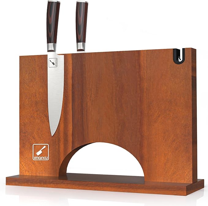 Imarku Magnetic Knife Block with Built-in Handle, Double Sided Acacia Wood Magnetic Knife Holder for Kitchen Counter, Magnetic Knife Storage Stand with Knife Sharpener, Easy to Clean & Move