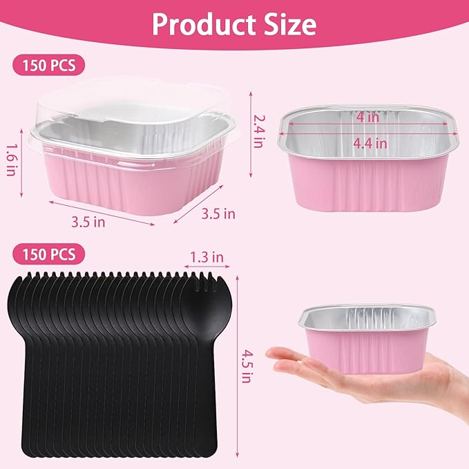 FORBFAN 150 Pack 10 oz Mini Cake Pans with Lids & Spoons, Pink Foil Square Dessert Cups, Disposable Baking Tins for Party, Catering, Gifting & Small Bakery