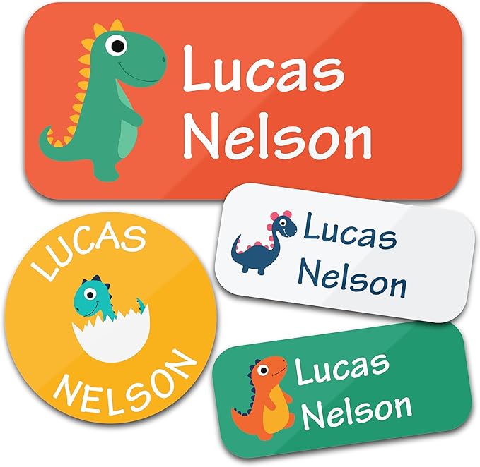 Bunny Badges Personalized Daycare Name Labels for Kids (130 Labels) - Custom Waterproof Name Stickers for Clothing Tags, Water Bottles, Lunch Boxes and School Supplies (Dinosaurs)