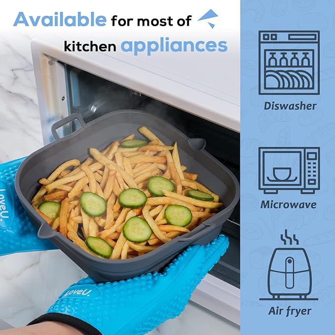 Loveuing Silicone Air Fryer Liners Square - Reusable Airfryer Collapsible Basket - Easy to Clean Air Fryers Pot for 5.8 to 8 Qt Baking Tray Oven Accessories, 8.5 Inch Large