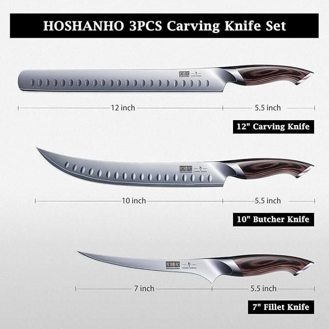 HOSHANHO Carving Knife Set 3PCS, Japanese Brisket Slicing Knife Sets