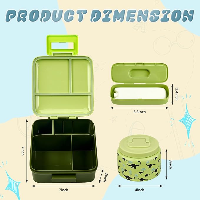Bento Lunch Box for Kids with 8oz Soup Thermo Leak-Proof Lunch Food Containers with Snack Sauce Container for Kid Girls Boys to School (Forest Dinosaur)