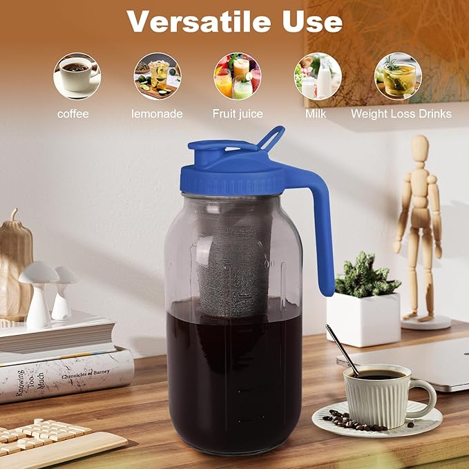 QHH Cold Brew Coffee Maker, 64 oz Mason Jar Pitcher with Stainless Steel Filter, Pour Spout Handle Lid, Heavy Duty Glass Airtight & Leak-Proof for Iced Coffee,Tea & Lemonade