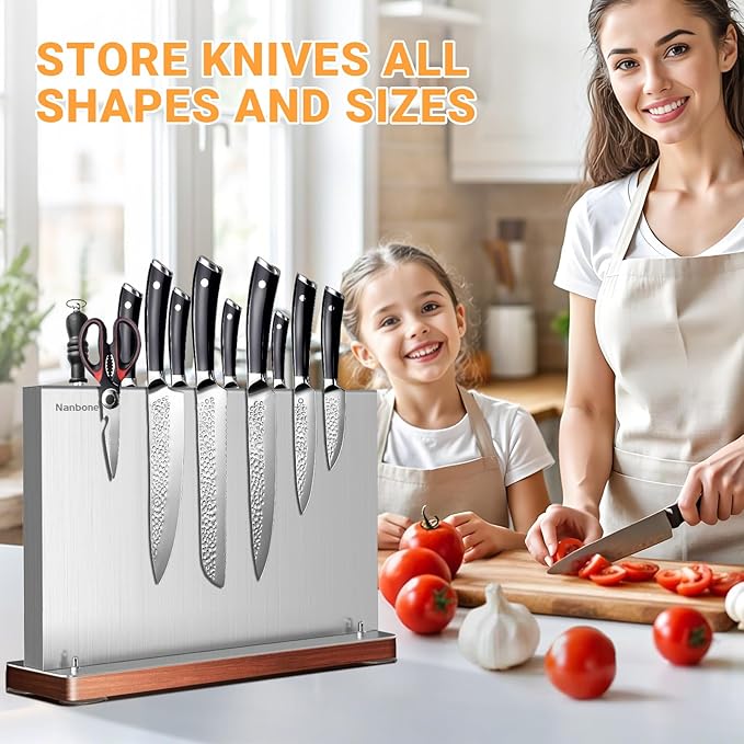 Magnetic Knife Block Stand Without Knives Double Sided Magnetic Knife Holder Rack for Kitchen Counter Stainless Steel Knife Magnetic Strip Display Stand Storage Organizer with Wood Base