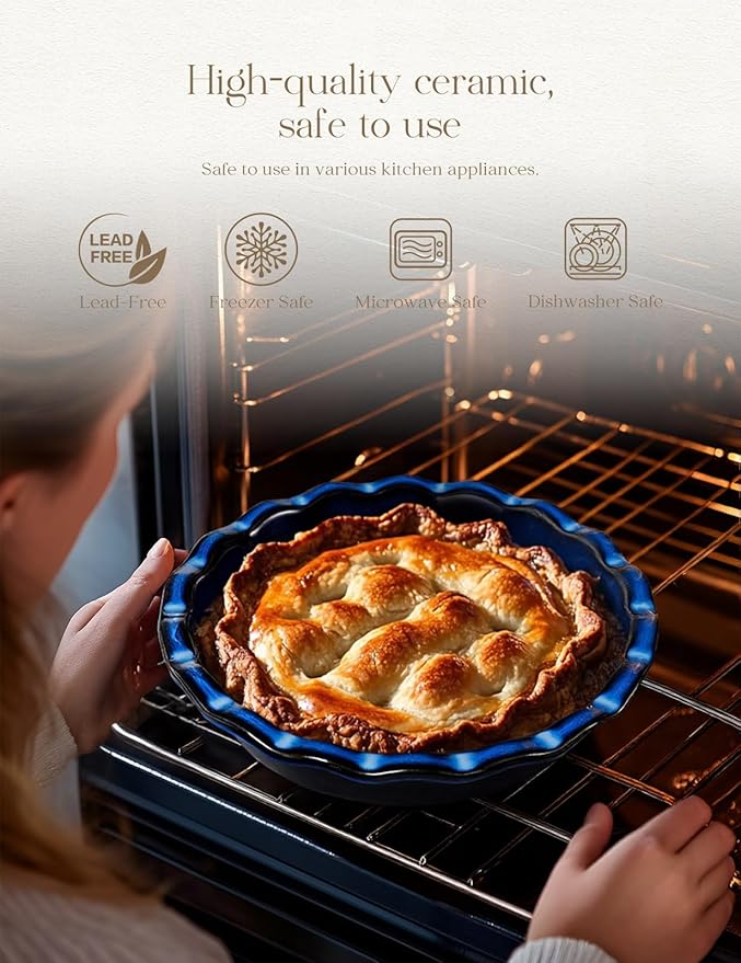 Pie Pan for Baking 9 Inch Ceramic Pie Dish for Apple Pie, Quiche, 48oz Blue