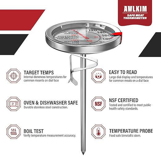 AWLKIM 2 Pack Analog Meat Thermometer Oven Safe Dial No Battery