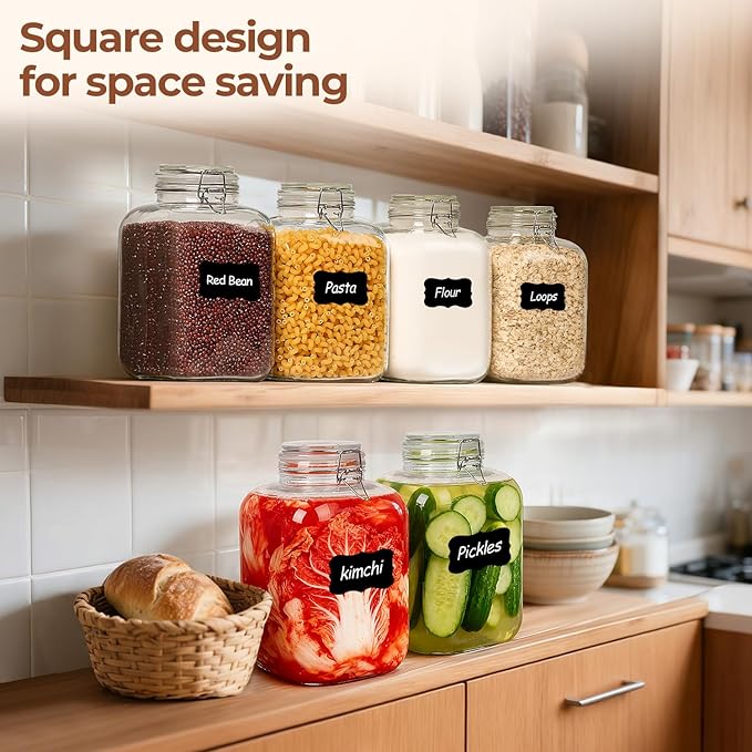ComSaf Square Glass Jars with Airtight Lid 1.3 Gallon 2 Pack Large Canister