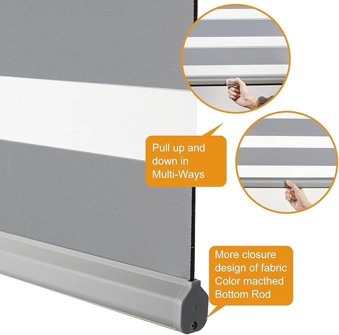 Persilux Window Blinds Cordless, Zebra Roller Shades for Windows (43" W x 72" H, Grey) Light Filtering Sheer Shades Day and Night Window Drapes for Home, Bedroom, Easy to Install…