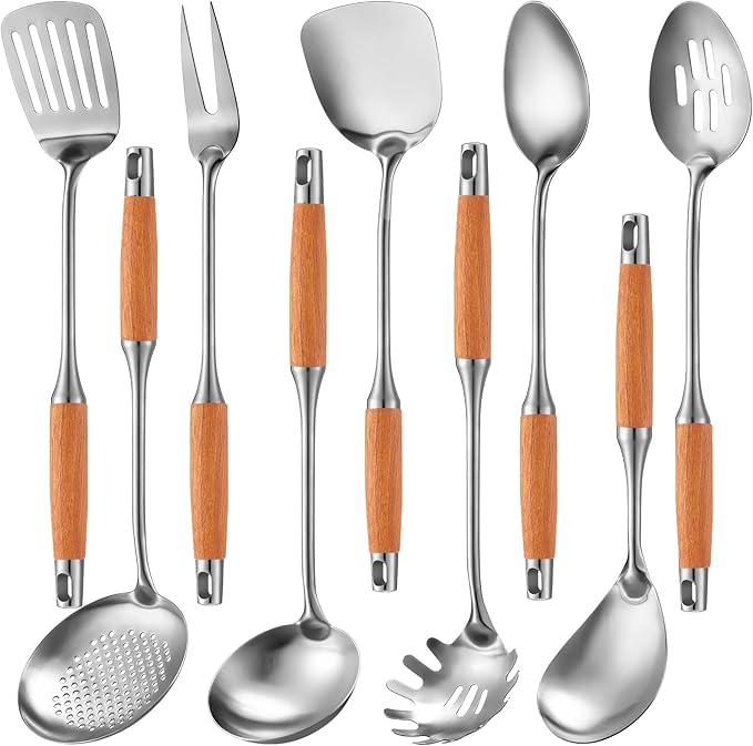 Teenyyou 9 Pcs 304 Stainless Steel Utensils Set with Wood Handle Metal Cooking Tool Spatula, Solid Spoon, Slotted Spoon, Fork, Ladle, Skimmer, Slotted Spatula Spaghetti(brown,wooden)