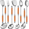 Teenyyou 9 Pcs 304 Stainless Steel Utensils Set with Wood Handle Metal Cooking Tool Spatula, Solid Spoon, Slotted Spoon, Fork, Ladle, Skimmer, Slotted Spatula Spaghetti(brown,wooden)