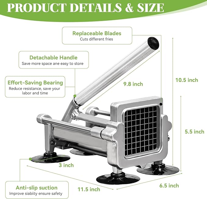 KSIFJRTO Commercial French Fry Cutter, Heavy Duty Potato Slicer with 3/8 and 1/4Inch Blade, Stainless Steel Potato ChopperFrench Fries Cutter with Suction Feet,