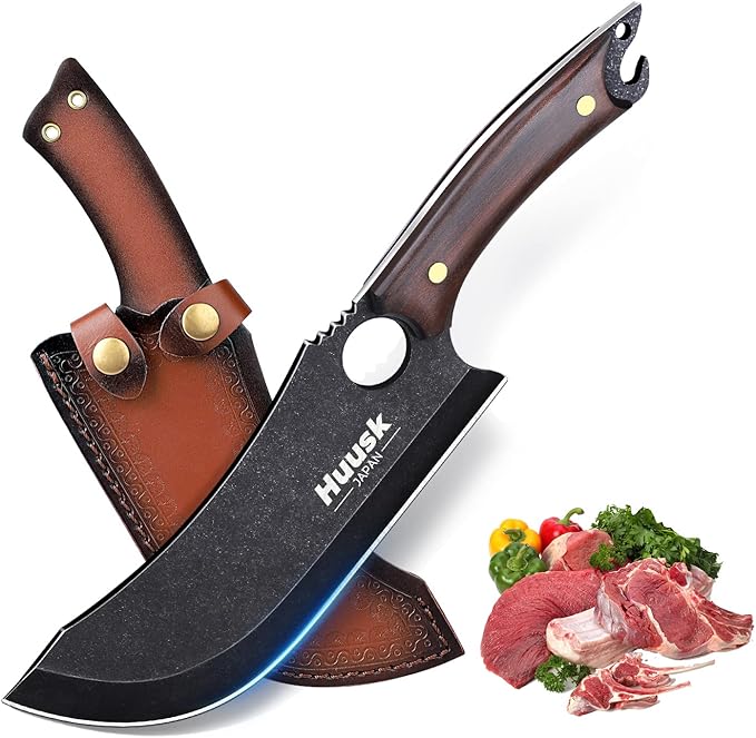Huusk Hand Forged Meat Cleaver with Sheath - Butcher Knife for Meat Cutting