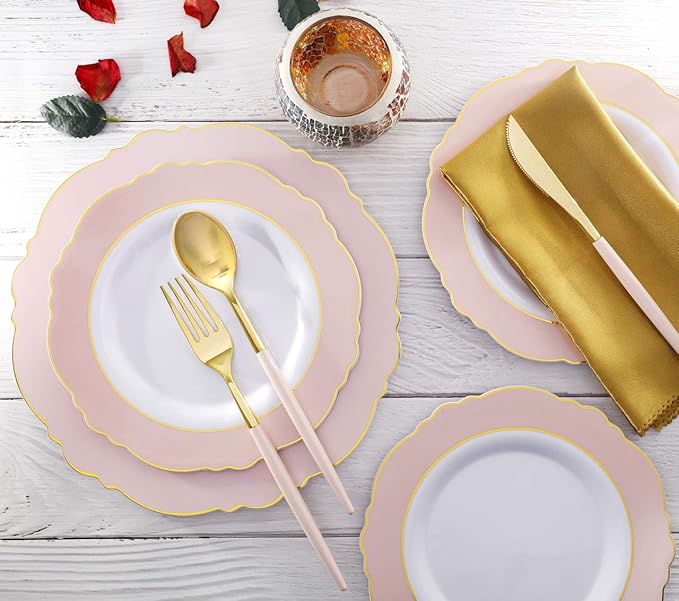 I00000 144 Pink Plastic Silverware, Fancy Gold Silverware with Pink Handle