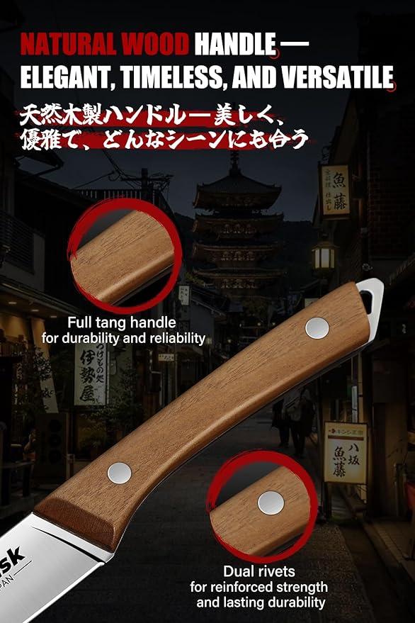 Huusk Steak Knives Set of 6 with Wood Block, Serrated & Straight Dual-Edge
