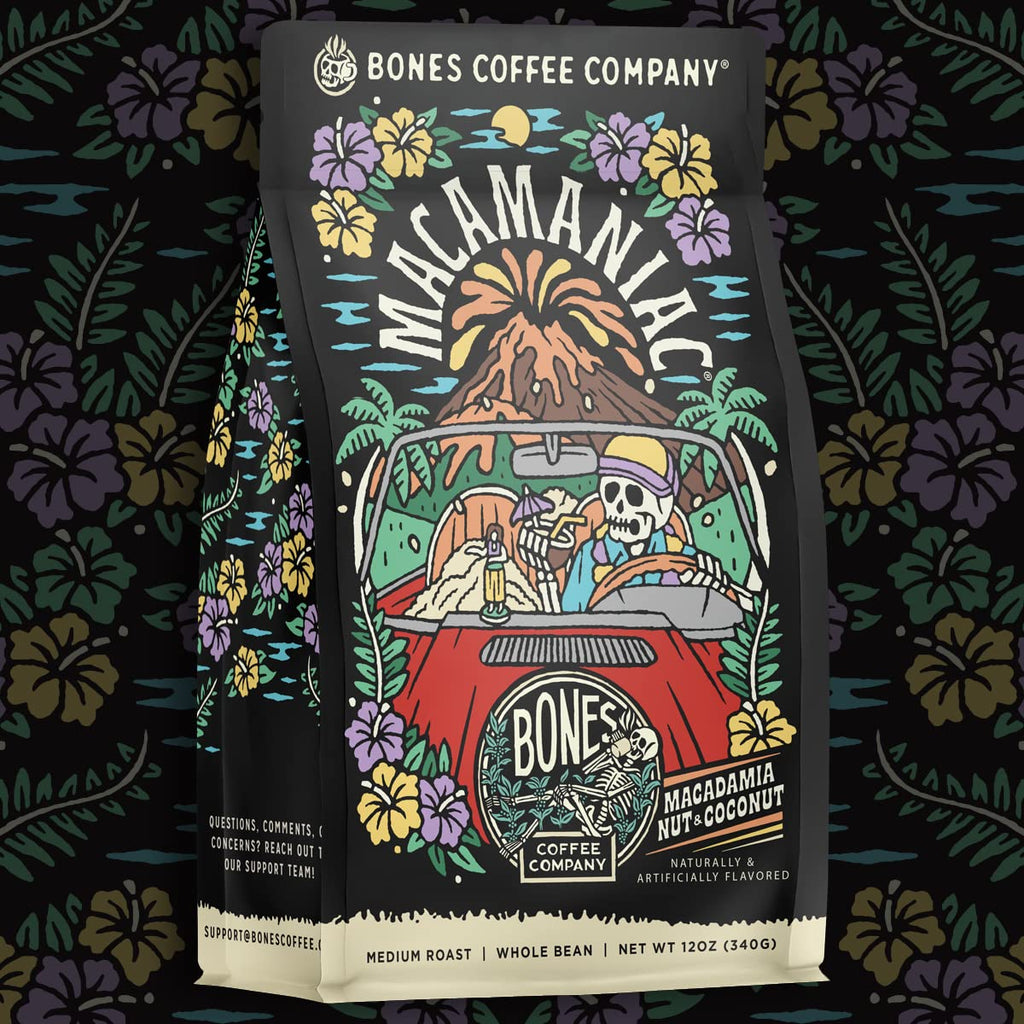 Bones Coffee Company Macamaniac, Macadamia and Coconut Flavored Coffee, Medium Roast Low Acid Arabica Beans Compatible with Auto drip and French Press Coffee Maker, 12 Oz Ground