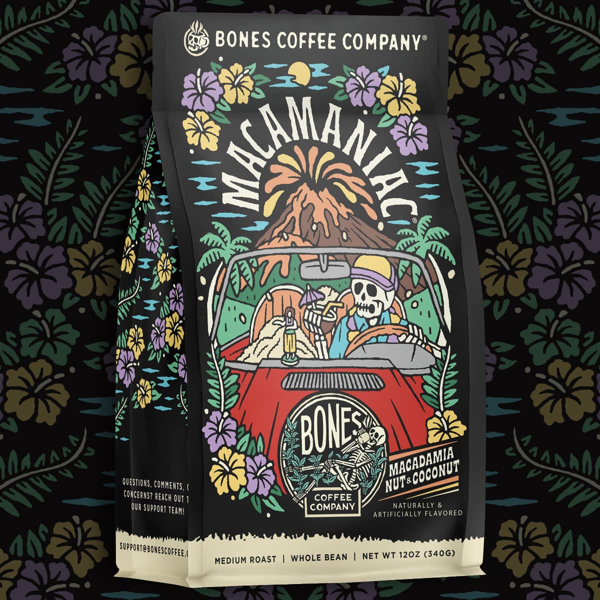 Bones Coffee Company Macamaniac, Macadamia and Coconut Flavored Coffee, Medium Roast Low Acid Arabica Beans Compatible with Auto drip and French Press Coffee Maker, 12 Oz Whole Bean