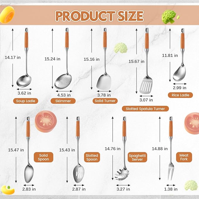 Teenyyou 9 Pcs 304 Stainless Steel Utensils Set with Wood Handle Metal Cooking Tool Spatula, Solid Spoon, Slotted Spoon, Fork, Ladle, Skimmer, Slotted Spatula Spaghetti(brown,wooden)