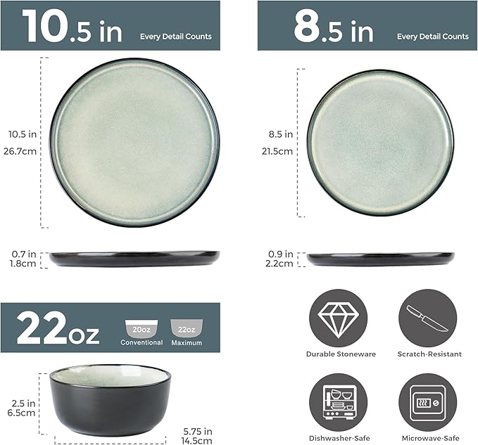AmorArc Stoneware Dinnerware Sets for 4, 12Pcs Plates and Bowls Sets Dishes