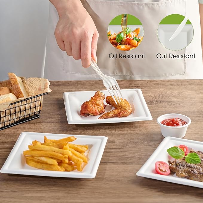 ECOLipak 6 Inch Compostable Square Paper Plates, 300 Count Appetizer Plates