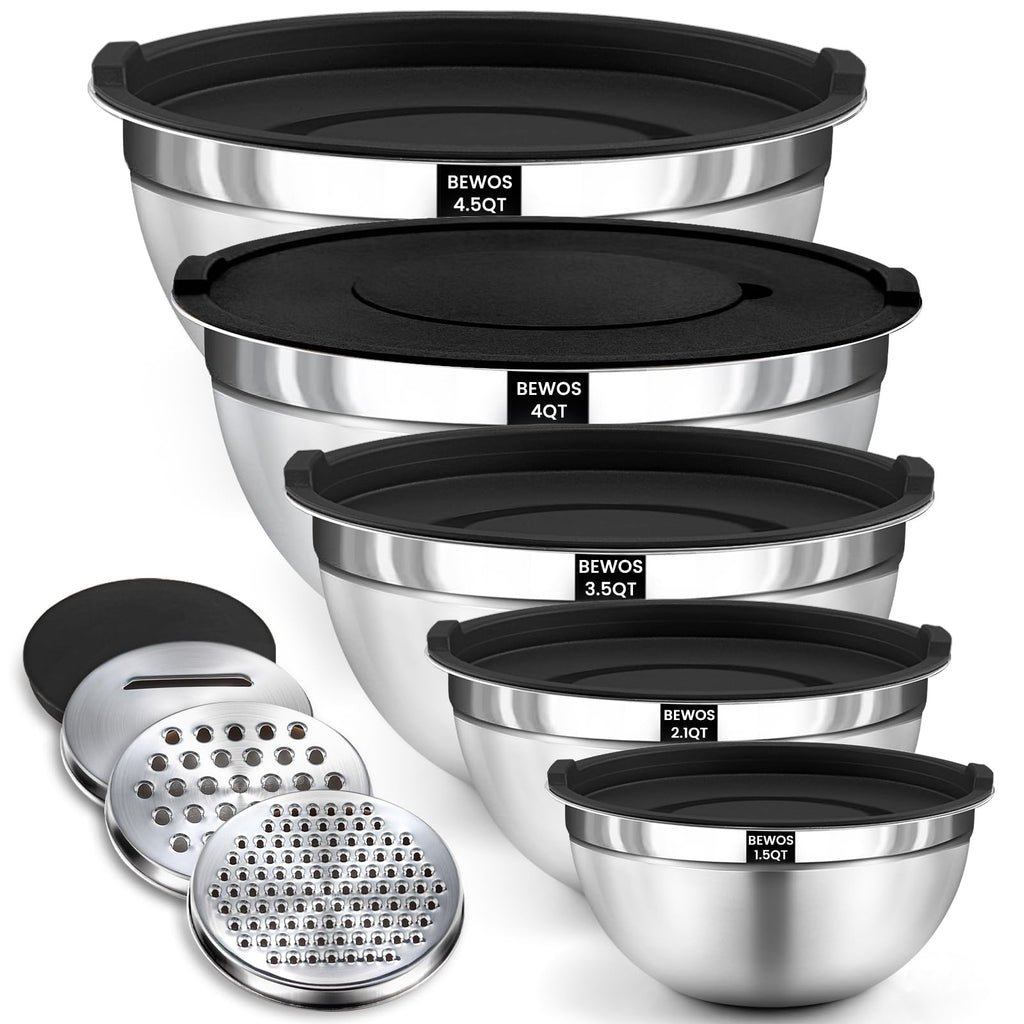 BEWOS Mixing Bowls with Lids Set - 5 Pcs Stainless Steel Mixing Bowls With 3 Grater Attachments, Size 4.5, 4, 3.5, 2.1, 1.5QT Metal Bowls for Baking and Serving (Black)