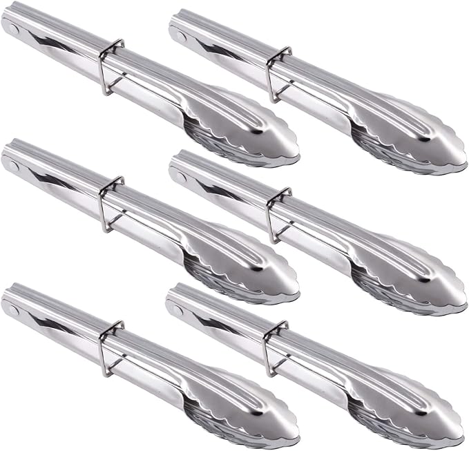 HINMAY Mini Stainless Steel Food Tongs with Silding Rings 7-Inch, Set of 6