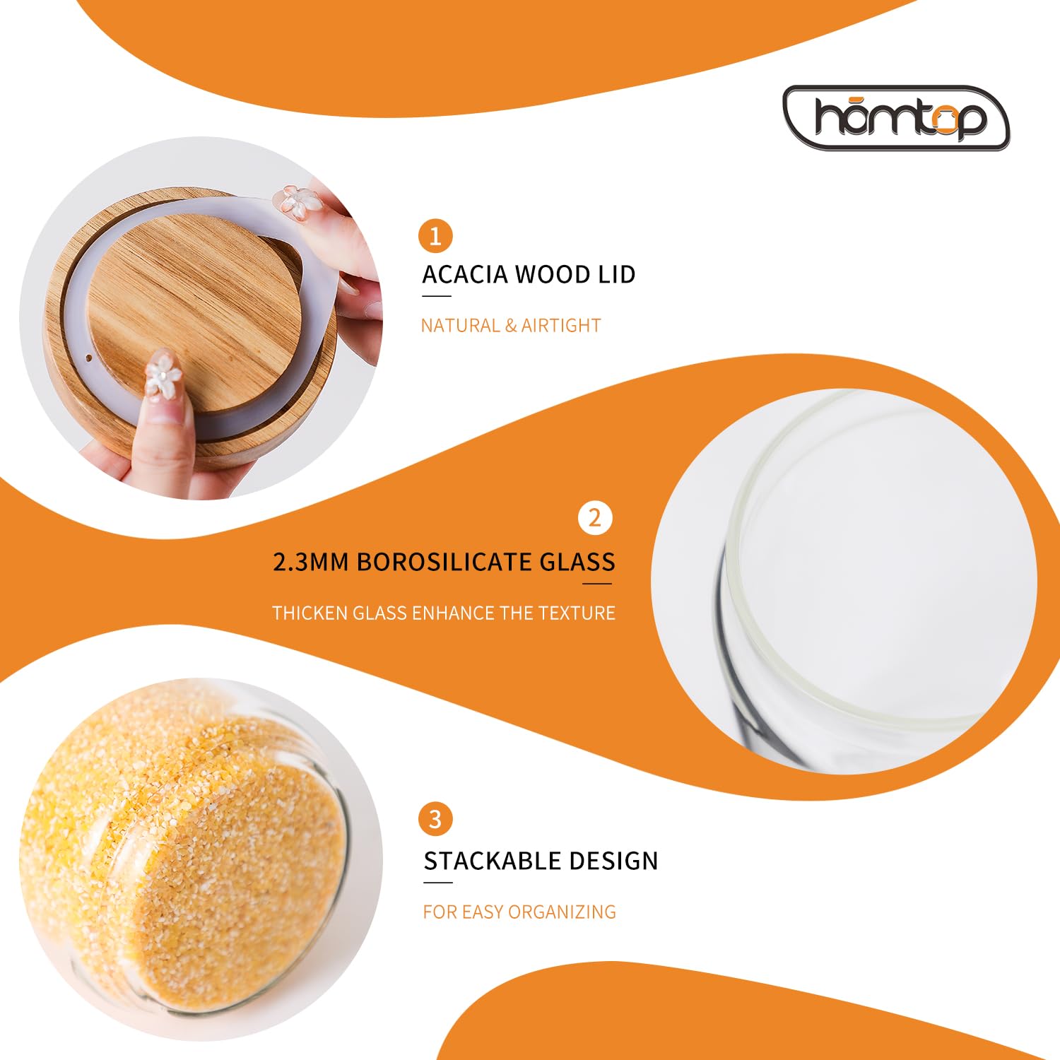 Homtop 15 OZ Glass Jars with Airtight Acacia Wood Lids, 4 PCS