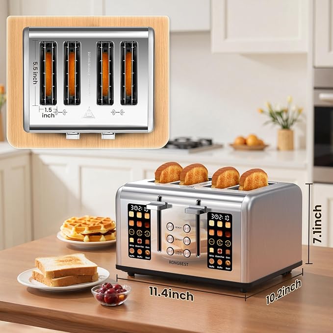 4 Slice Touch Screen Toaster with Wide Slots Stainless Steel Digital Toasters for Family Breakfast, Even Toasting for Bagel & Bread, Reheat Defrost Cancel, Removable Crumb Tray, Silver