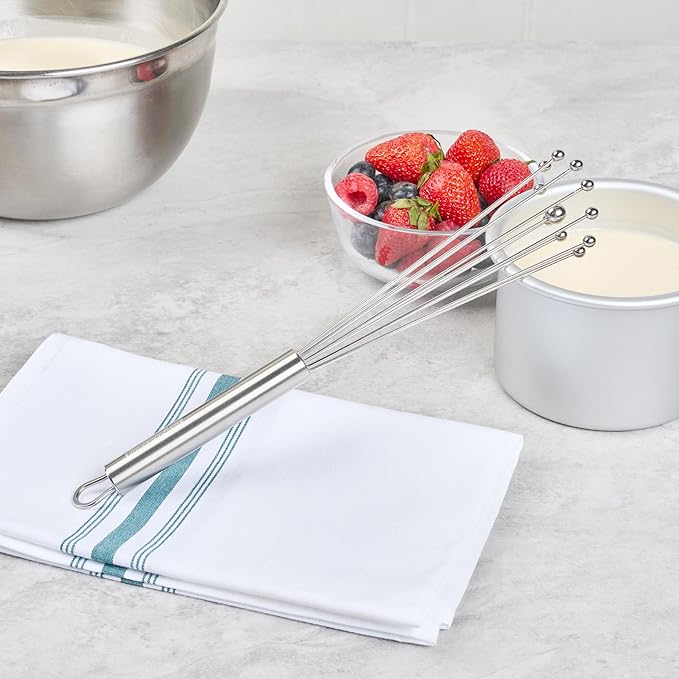 Restaurantware 10.5 in Stainless Steel Ball Whisk - 24 Pack - German Standard Egg Beater with Ergonomic Handle, Dishwasher Safe - Manual Mixer Cooking Whisk for Baking, Stirring, Sauces, Beating