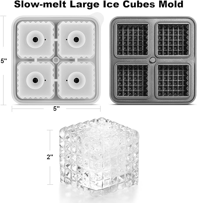 Nax Caki 3D Square Ice Cube Tray, Large Square Silicone Fun Shapes Whiskey Ice Mold with Funnel for Cocktails, Bourbon,Brandy, Whiskey Gifts for Men Black