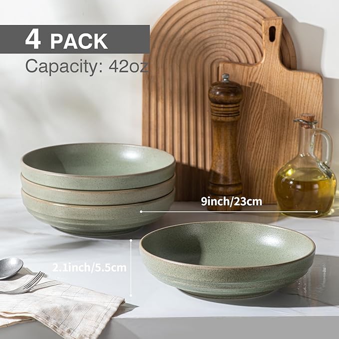 HAPPY KIT 9'' Pasta Bowls, 42oz, Stoneware Set of 4, WillowGreen