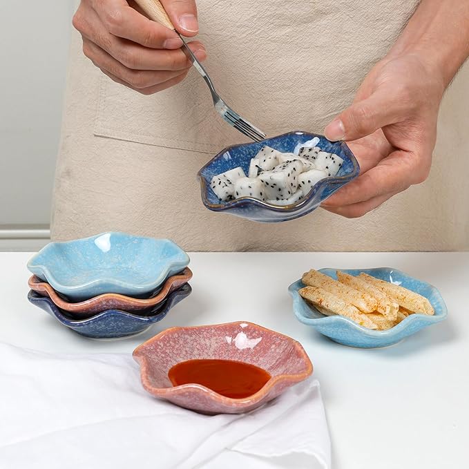 ZEBERBO Dipping Bowls Set of 6, Ceramic Soy Sauce Dishes, 2 oz Dipping Sauce Cups, chrysanthemum Round Small Side Dish Dishes for Dipping Sushi Tomato Soy Sauce Dish